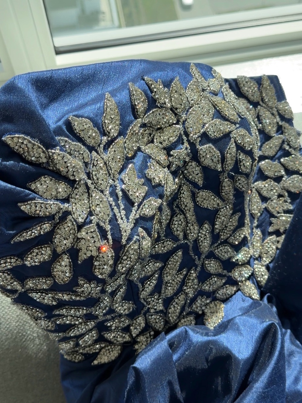 Jovani Navy Blue Satin Gown with Silver Crystal Leaf Embellishment